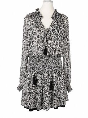 Karina Grimaldi Black White Floral Long-Sleeve Smocked Tassel Boho Mini Dress S